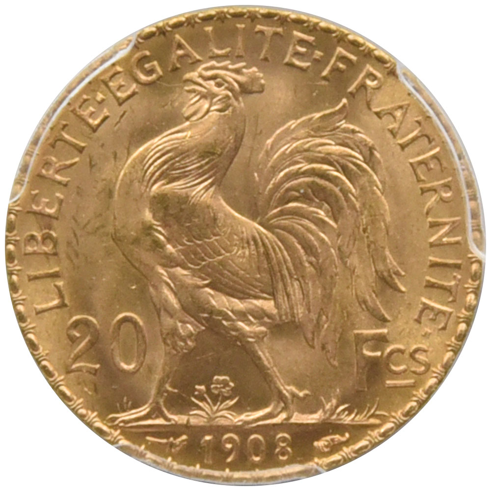 フランス 1908 20フラン 金貨 PCGS MS66 ルースター 84653182