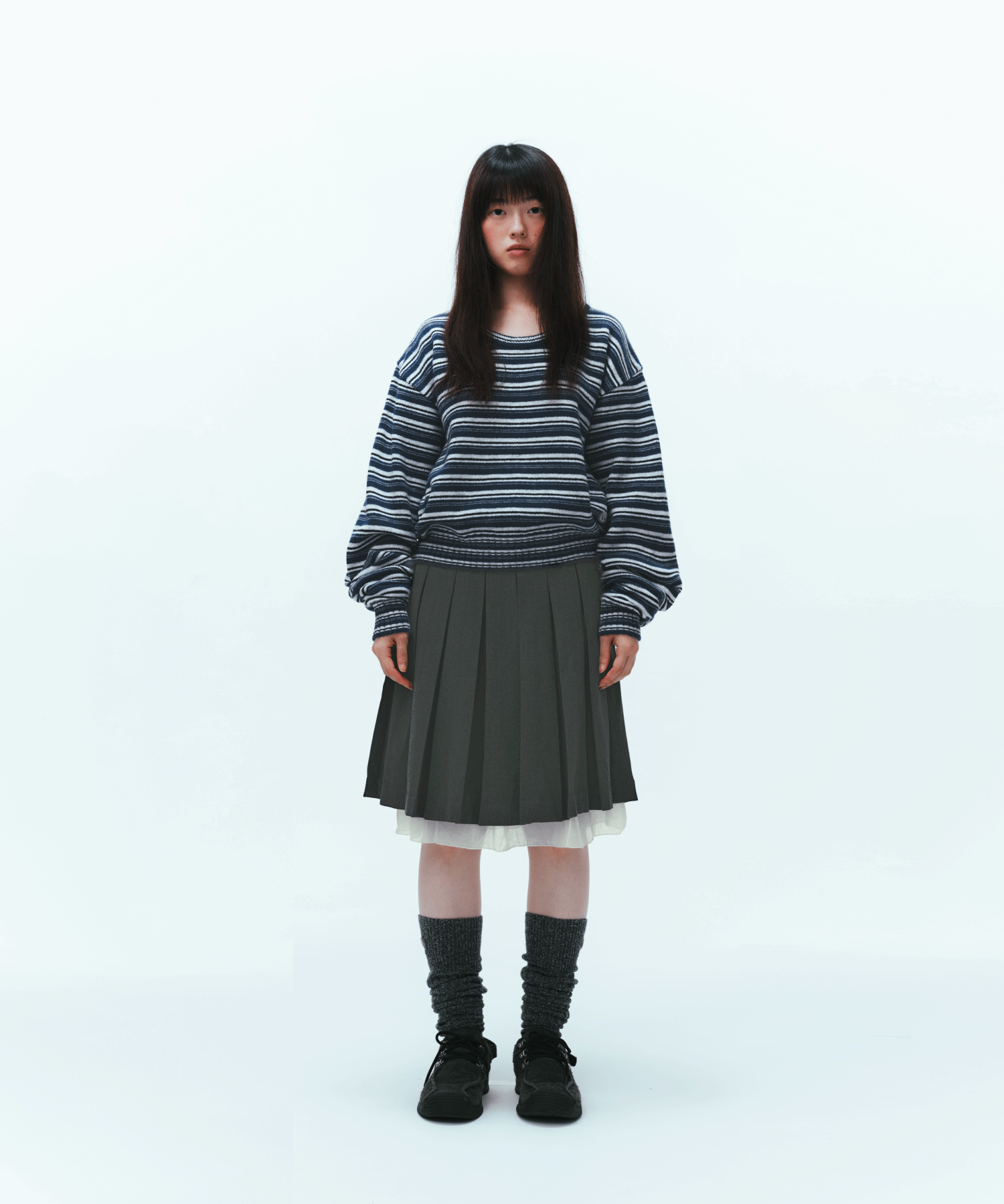 MUSINSA公式 | COYSEIO DOUBLE WAISTED PLEATS SKIRT GREY