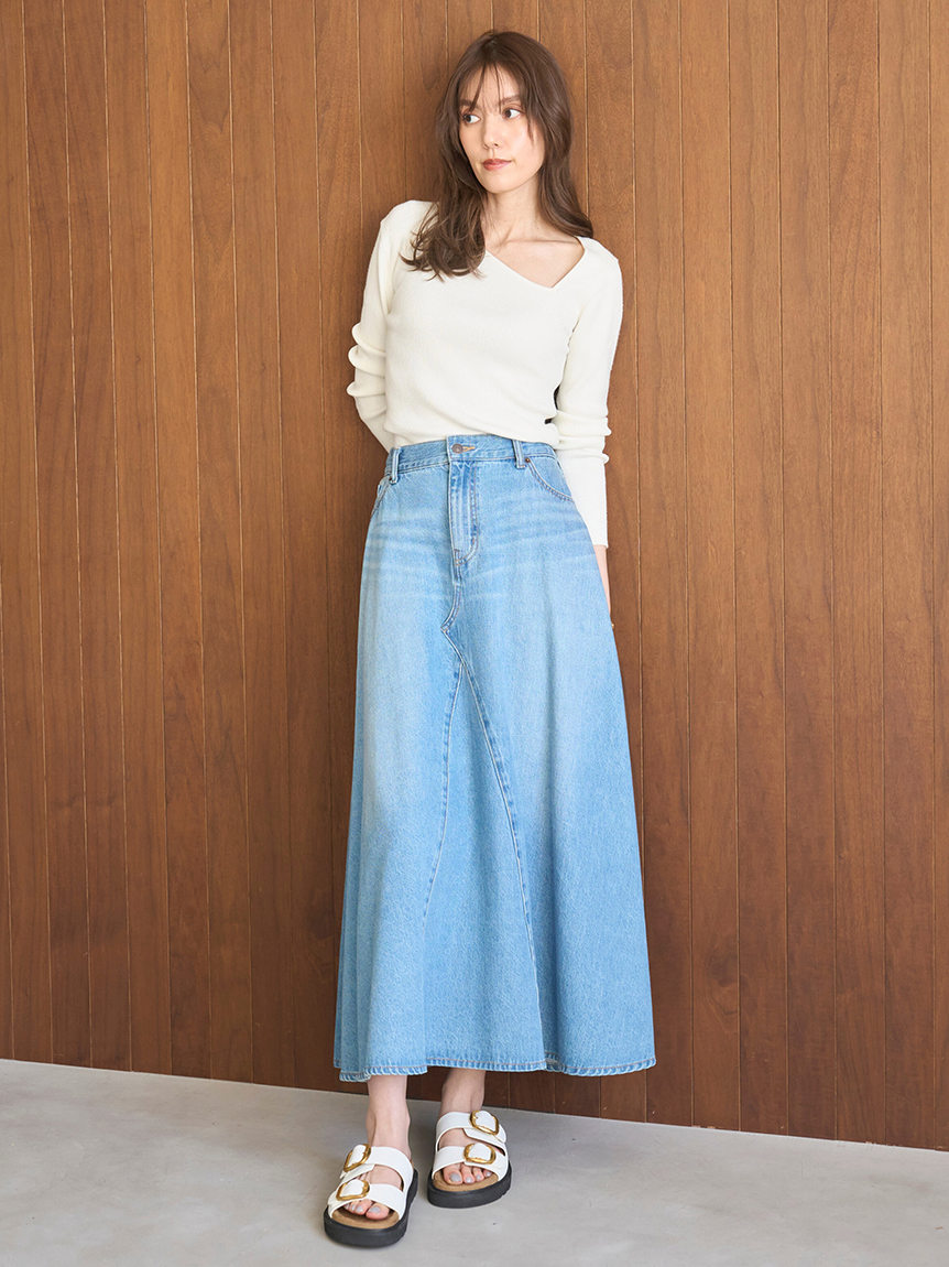 後ろゴムマチデザインフレアデニムスカート【ウォッシャブル】(膝丈