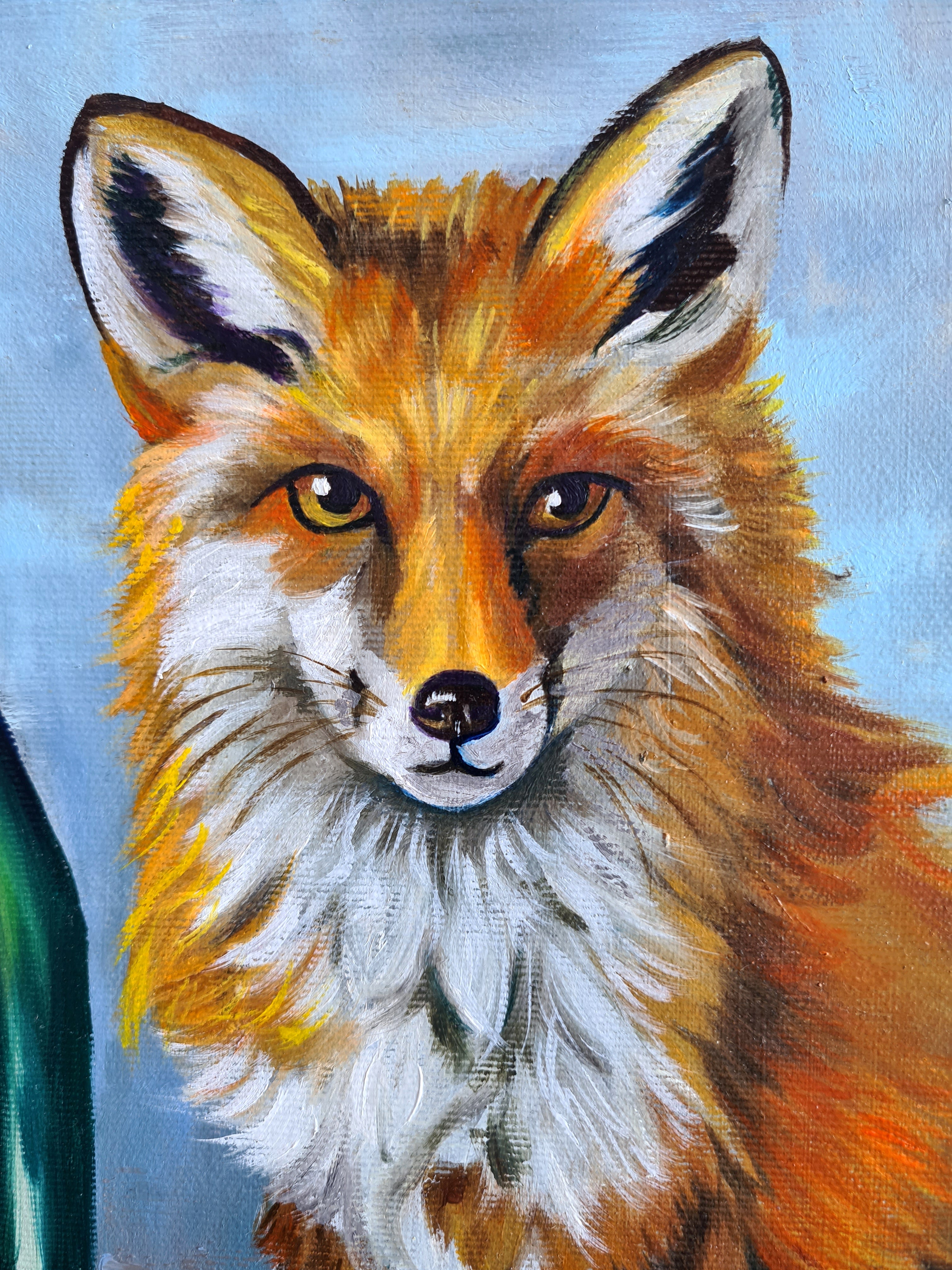 Wildlife and Wine Fox 50x50 cm Original Oil Painting on Canvas