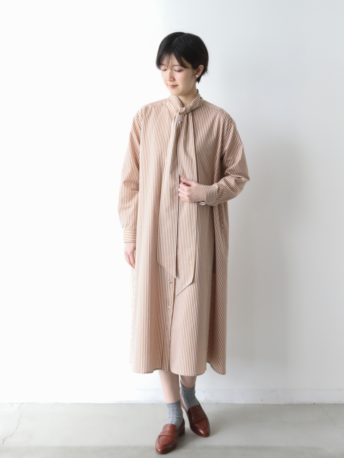 4WAYストライプワンピース/バランサーキュラー/キャメル | Factelier
