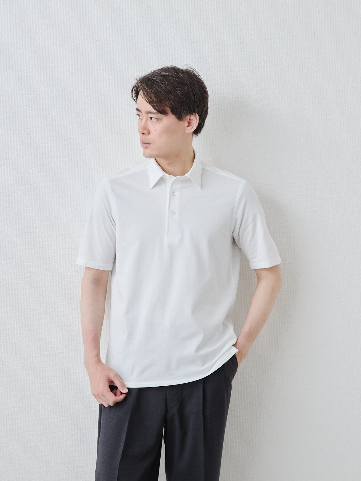 コットン×COOLMAX 鹿の子ドレスポロシャツ半袖/ホワイト | Factelier