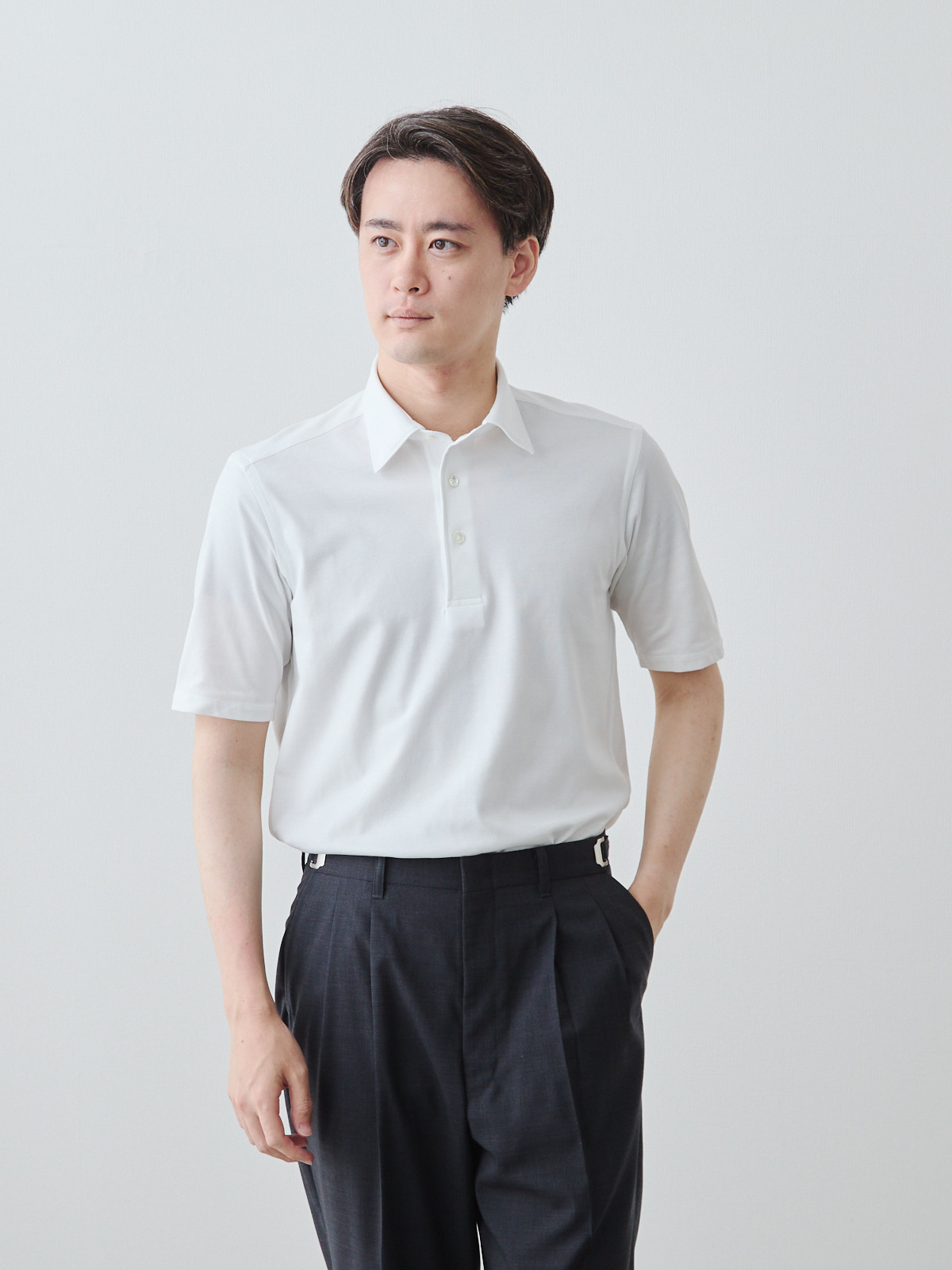 コットン×COOLMAX 鹿の子ドレスポロシャツ半袖/ホワイト | Factelier