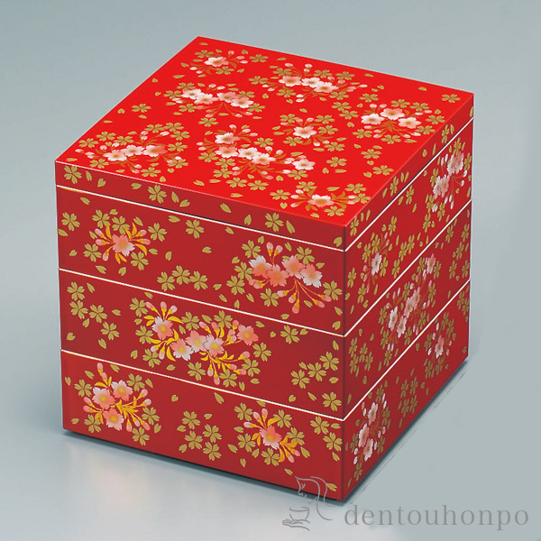 三段重 桜づくし 朱 5寸 / お正月 新年 おせち 運動会 漆塗り お正月
