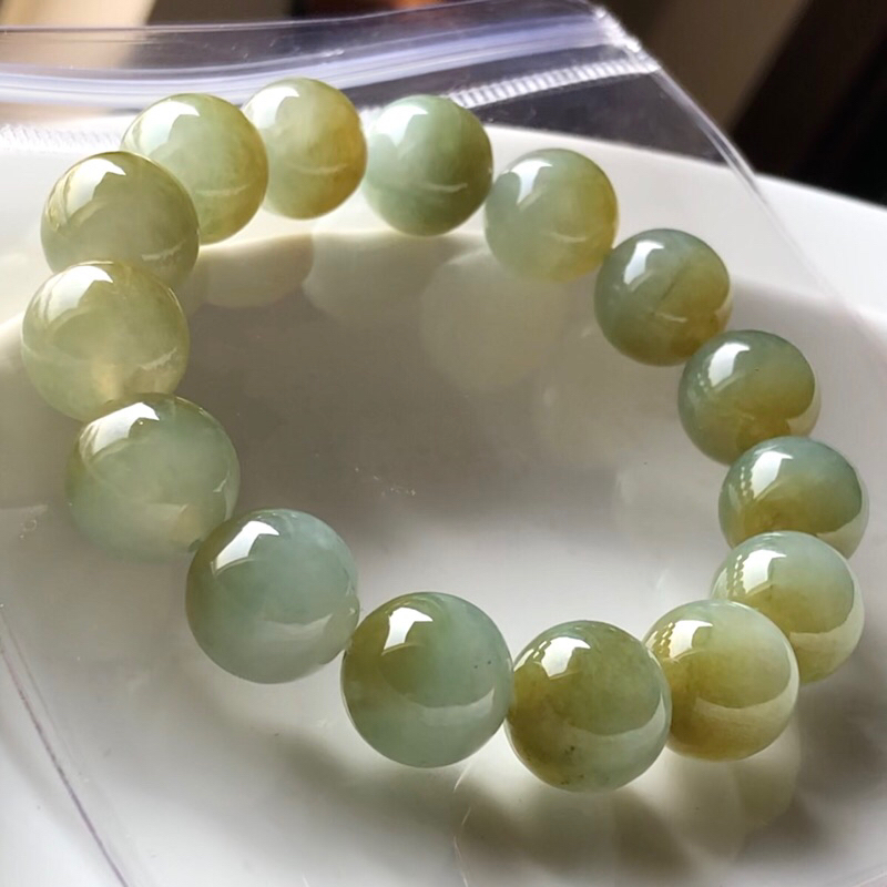 超美冰潤大珠13mm~秋香黃翡鴛鴦黃翡.黃翡翠手串，顆顆精選！「聚寶盆