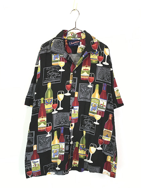 古着 90s USA製 Fivecrown ワイン ボトル 総柄 半袖 ボックス シャツ