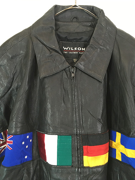 古着 90s Wilsons 万国旗 フラッグ パッチ 本革 オール レザー 襟付き