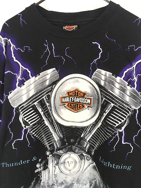 古着 90s USA製 HARLEY DAVIDSON 豪華 V2 & サンダー パターン Tシャツ