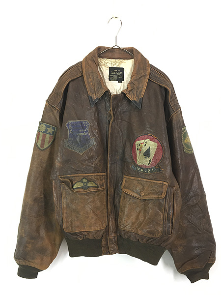 古着 90s AVIREX Type A-2 豪華 ドローイング パッチ 本革 ゴート