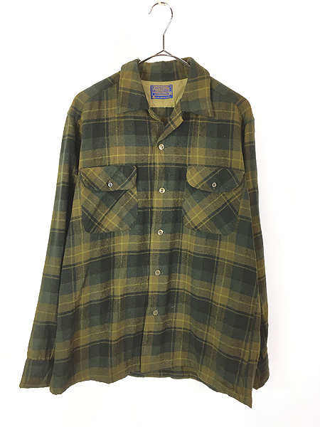 古着 60s Pendleton 好配色 オリーブ チェック 開襟 ボックス ウール
