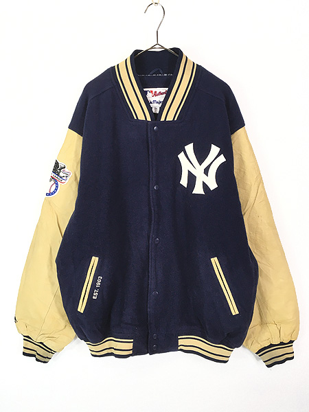 古着 90s MLB NY Yankees ヤンキース パデッド 本革 レザー ウール