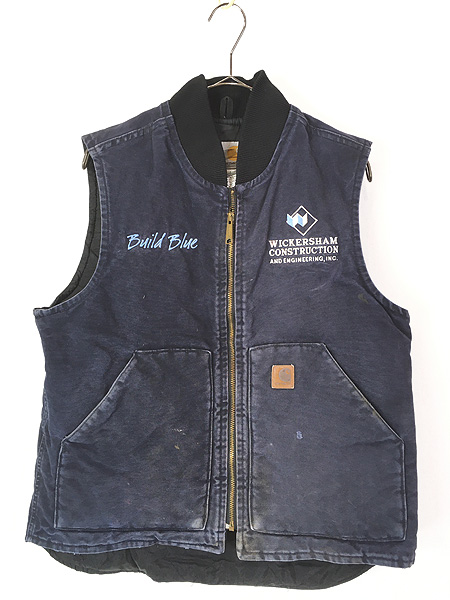 古着 00s Carhartt フェード ネイビー ダック 首リブ パデット ベスト