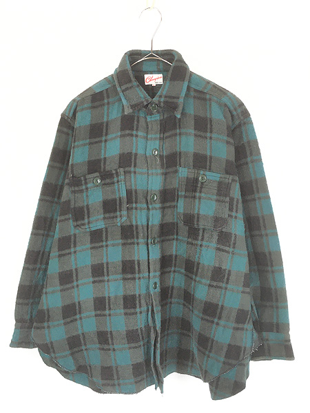古着 60s Champion マチ付き グリーン × ブラック チェック ヘビー