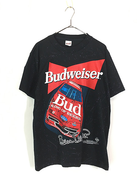 古着 90s USA製 Budweiser ビール 企業 レーシング メッセージ 総柄
