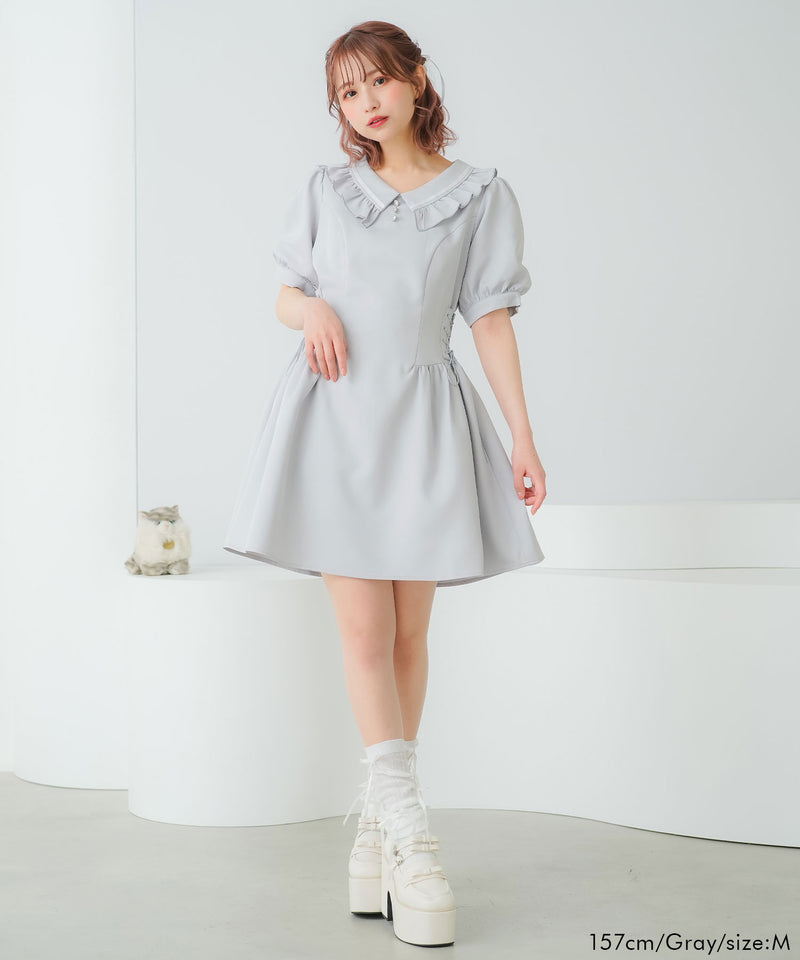 ESIO 幾何学模様 ジップアップ サイドリブ スナップ グレー ワンピース