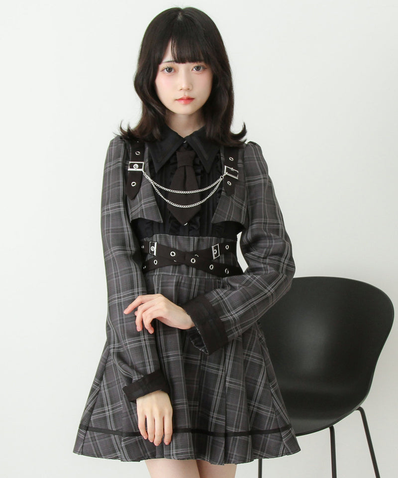 ジャケット風チェーンネクタイベルトプリーツワンピース – レディース