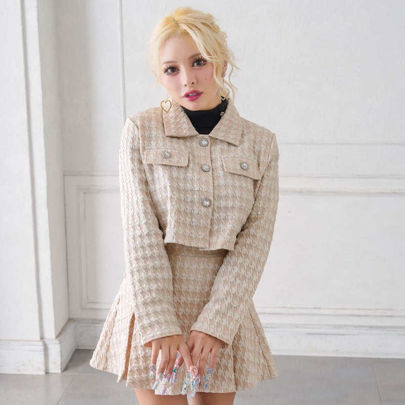 千鳥×ビジュー釦プリーツスカートセットアップ – レディース