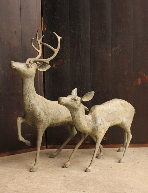 古銅鹿の置物 雄雌つがい S2780｜骨董店 のびる 古美術 骨董 和風建具