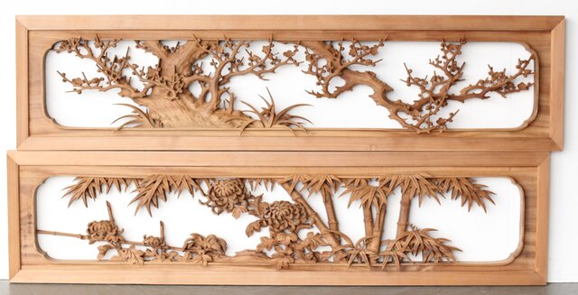 井波彫刻 今井幸二郎銘 四君子木彫欄間 2枚1組 R0455｜骨董店 のびる