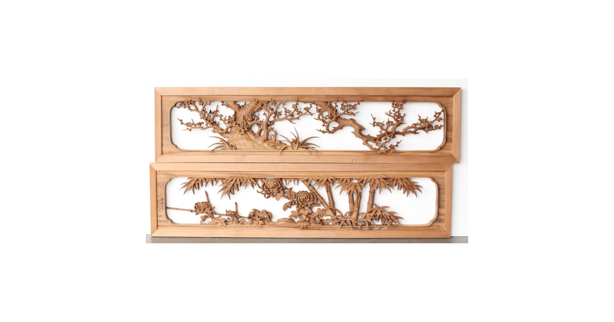 井波彫刻 今井幸二郎銘 四君子木彫欄間 2枚1組 R0455｜骨董店 のびる