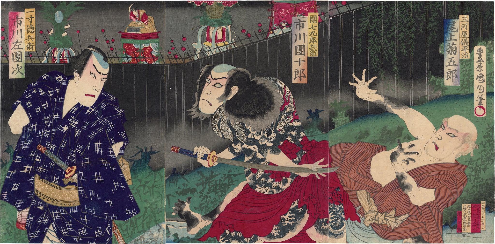 国周：刀を抜く刺青の男七市；大阪夏祭りの鏡（夏祭浪花鑑）(売り切れ