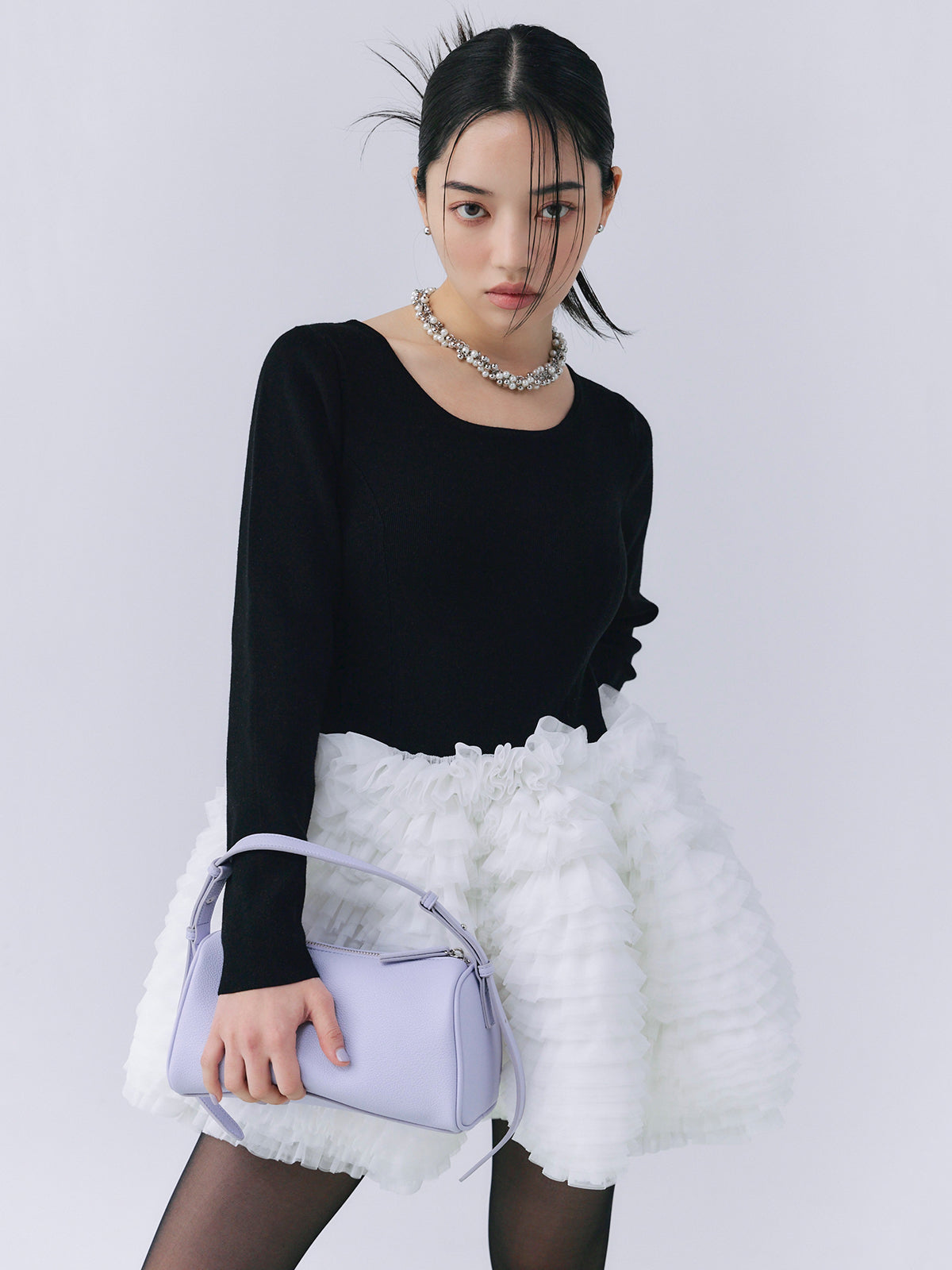 ボリュームチュールフリルニットワンピース