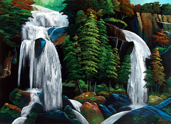 油絵 絵画 【紅葉の滝】 油彩絵 題名「七つ滝」 油絵 絵画 【紅葉の滝
