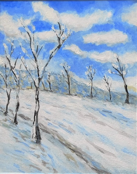 雪の風景 油彩画 油絵【雪景色の中で雪に立つ鹿】 | iichi 日々の