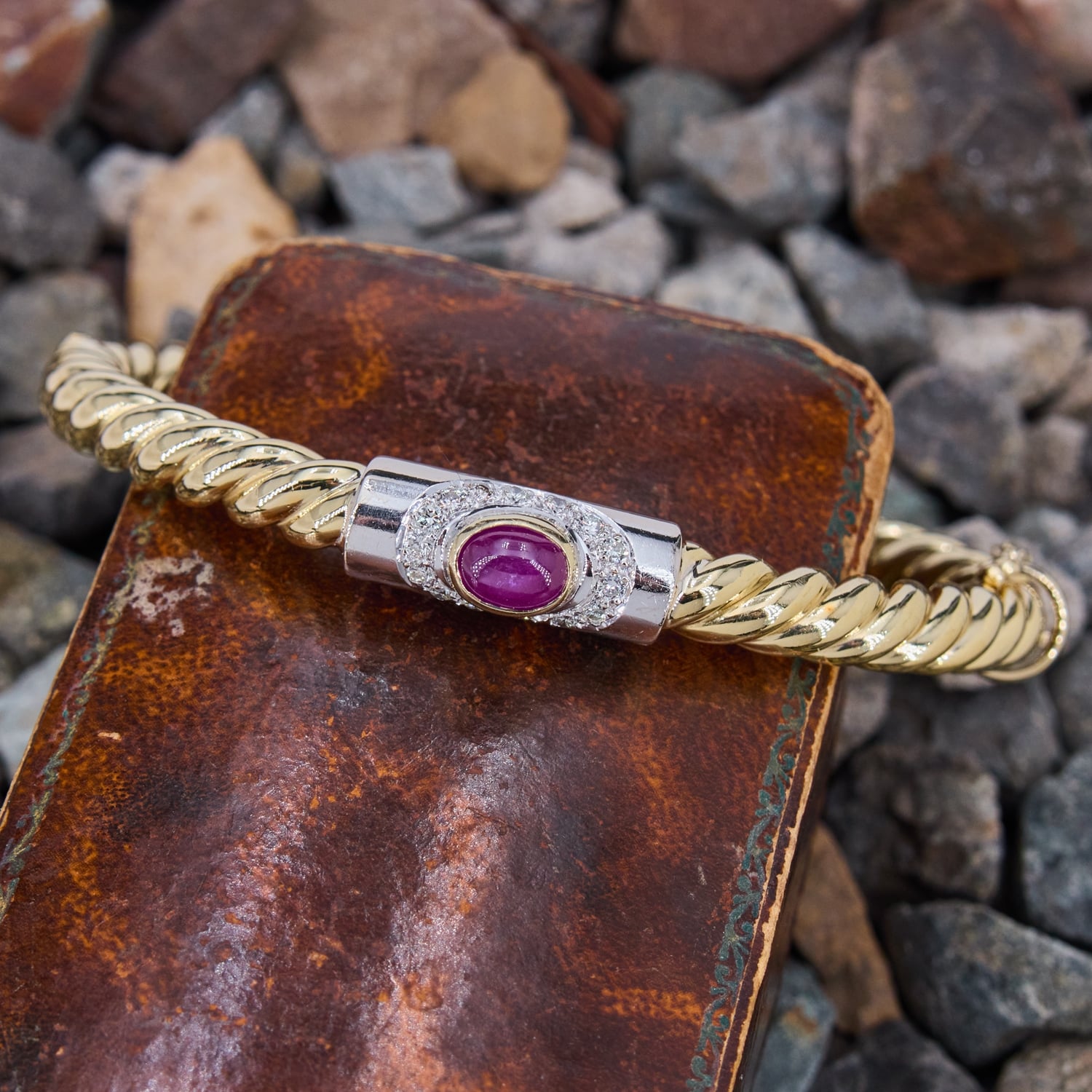 Ruby & Diamond Twisted Rope Bangle Bracelet 18K Yellow Gold