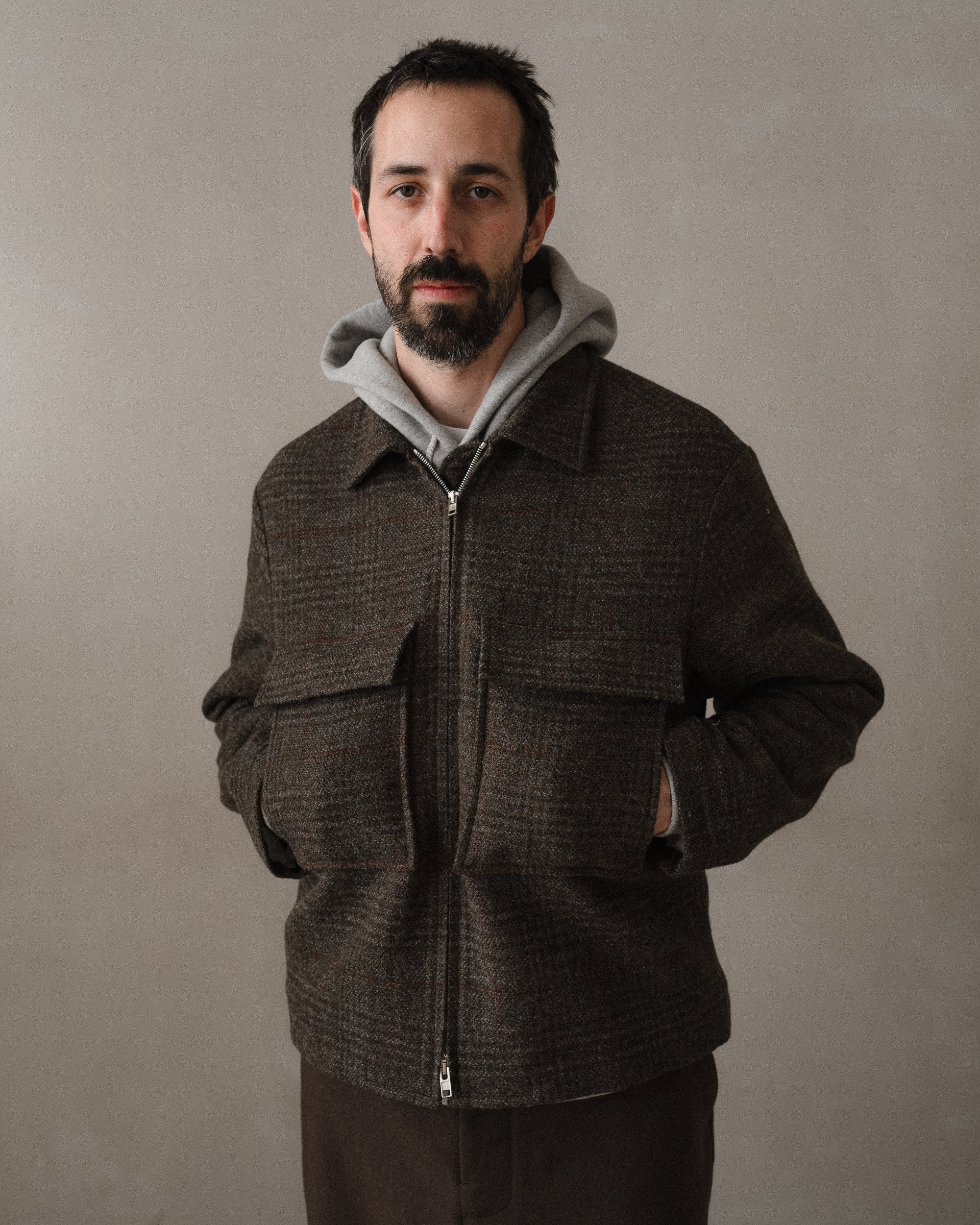 Zip Jacket - Wool Herringbone Check, Dark Olive/Charcoal – evan kinori