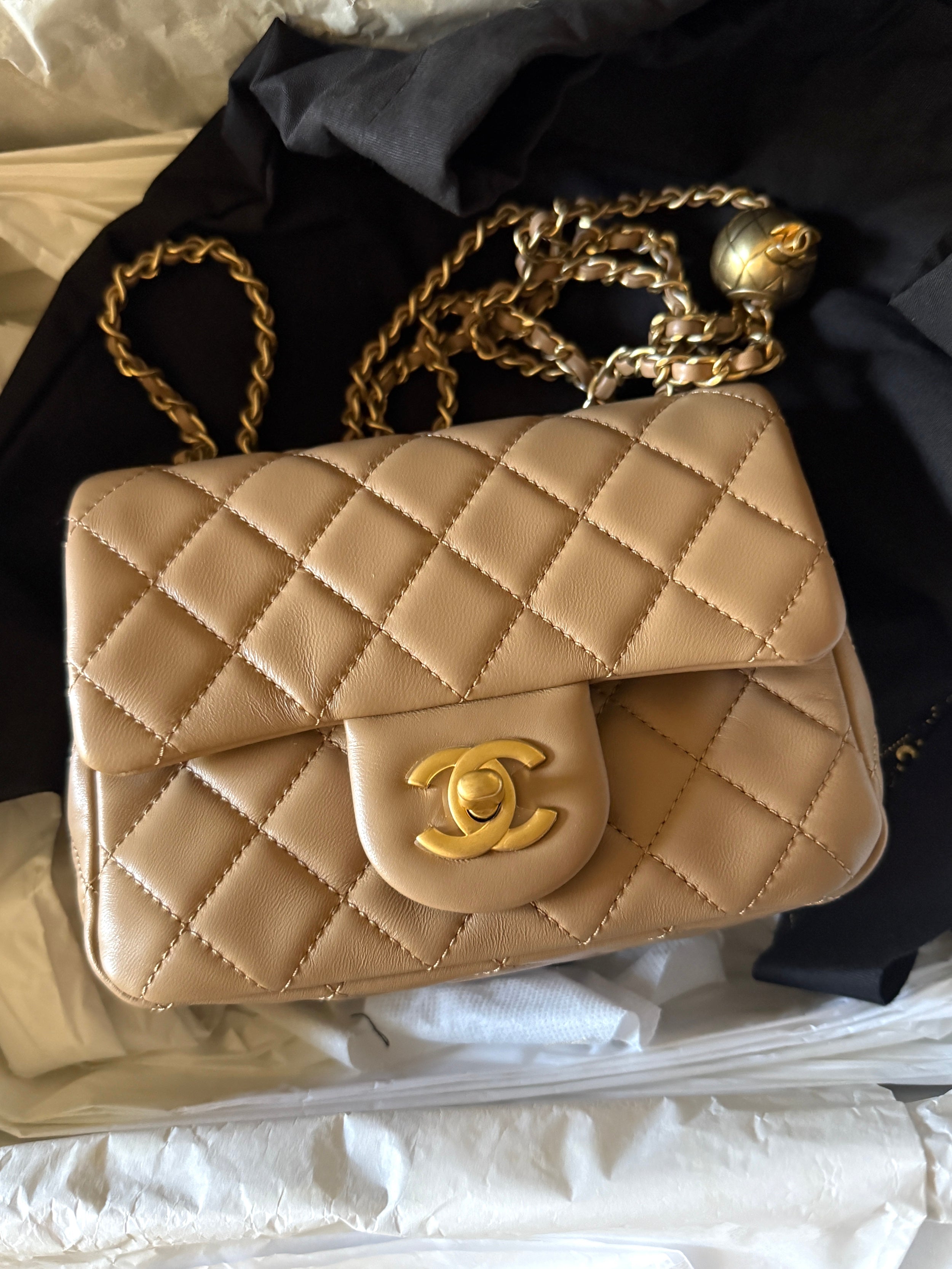New CHANEL Mini Pearl Crush Lambskin Quilted Dark Beige Flap