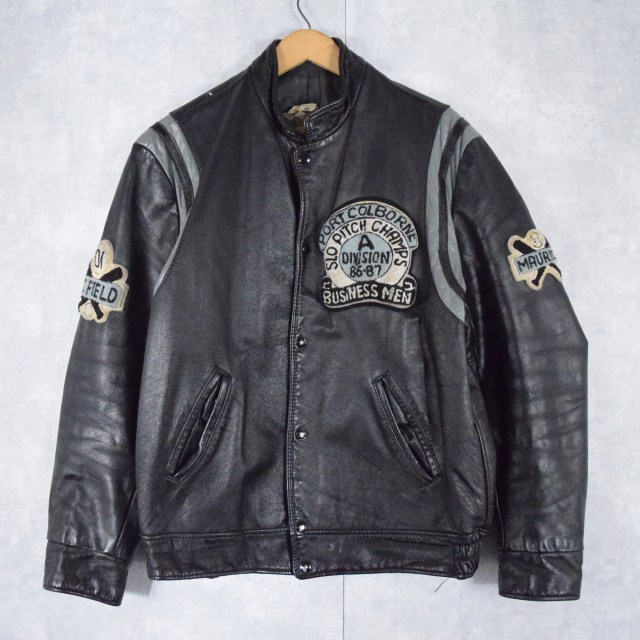 80年代 80s スポーツ 革ジャン 黒 ブラック スナップボタン