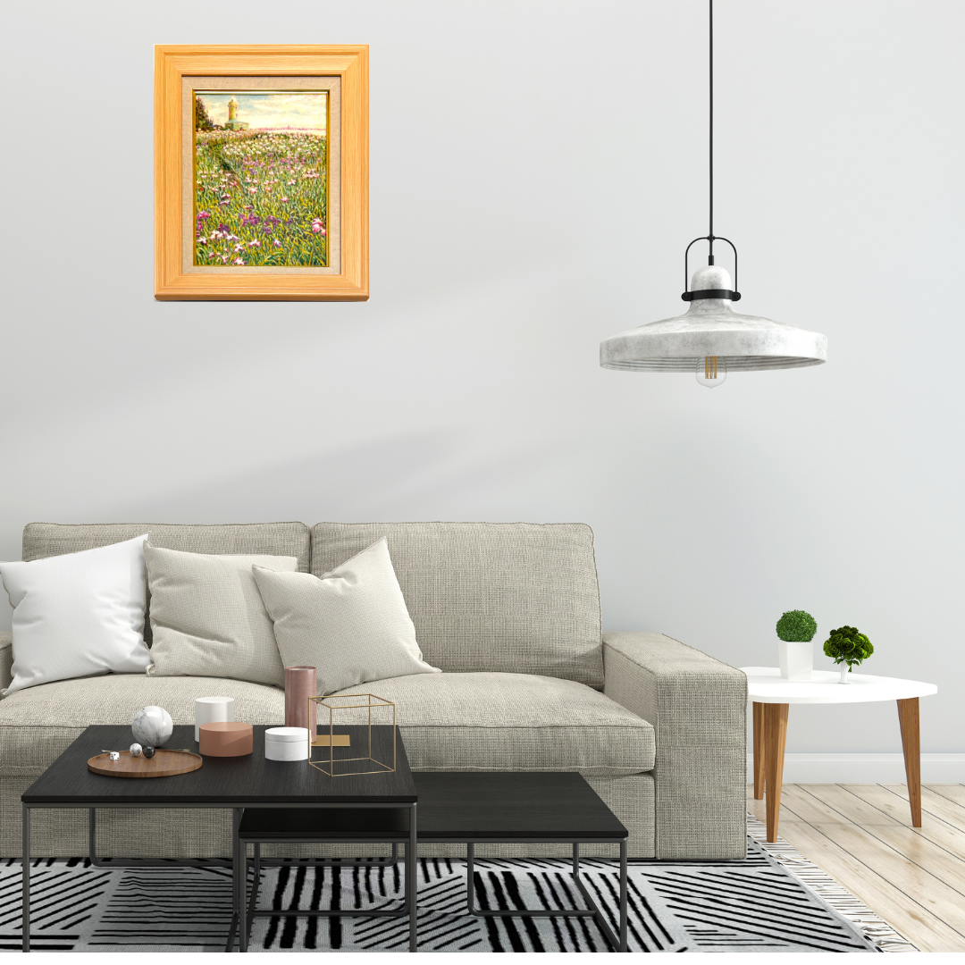 風景画「灯台と花菖蒲」油彩画 F4 額付き by 福家佳則 / Fukei-ART