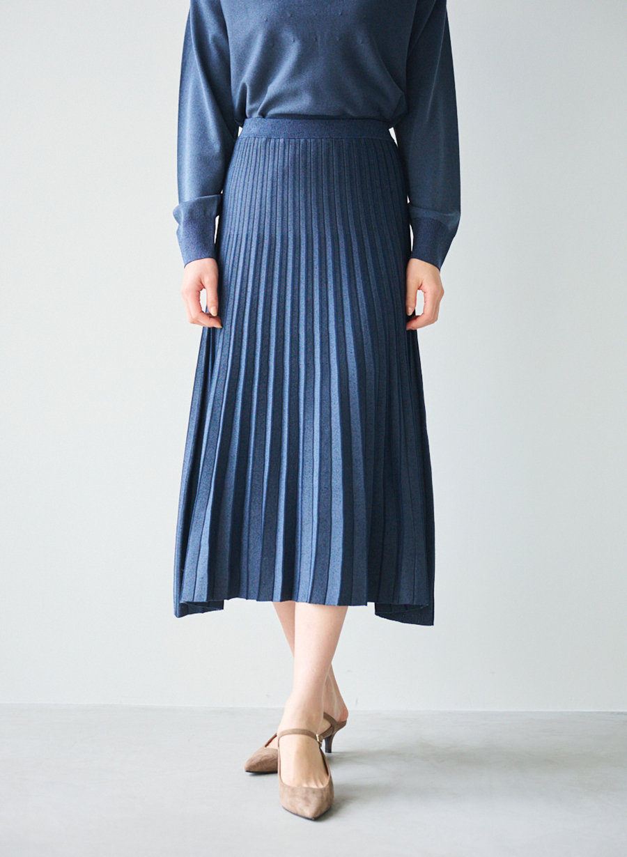 シャンブレー調ニットプリーツスカート/セットアップ可｜LOUNIE