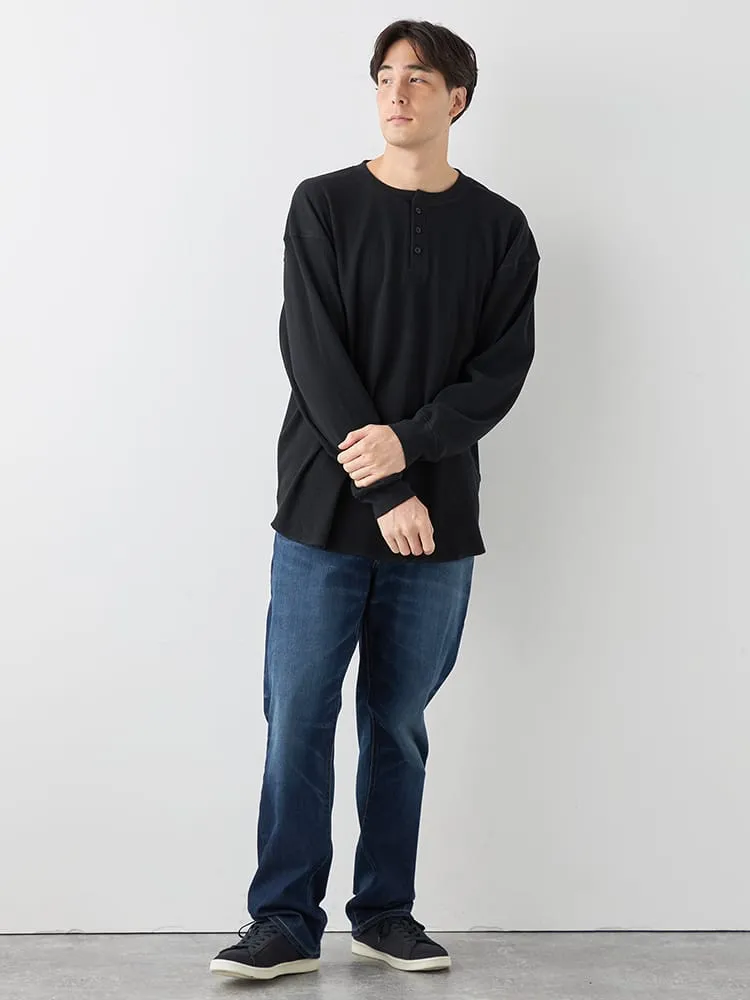 ブラック 【EL.FO】無地ワッフル編みヘンリーネック長袖Tシャツ