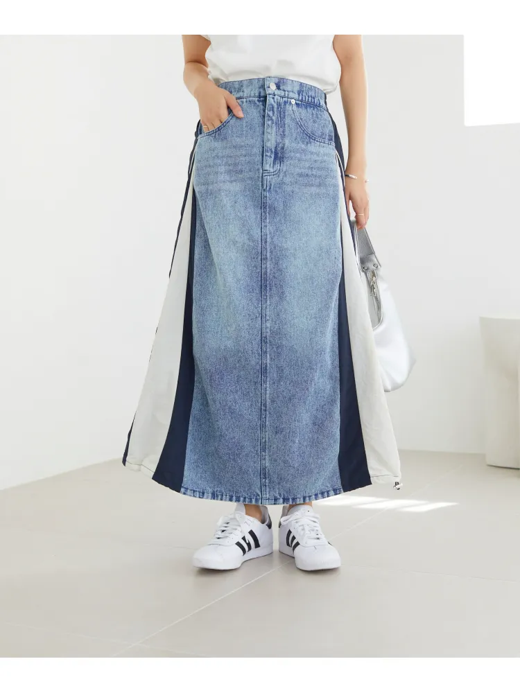 ネイビー 【LAVEANGE(ラビアンジェ)】異素材ドッキングデニムスカート