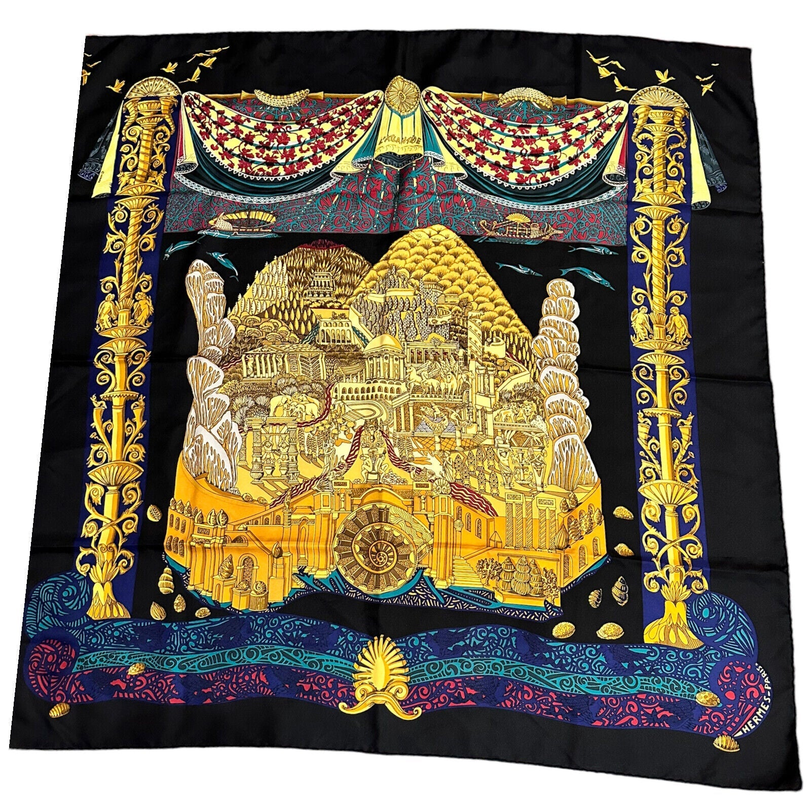 Hermes Carre L'Atlantide Atlantis Vintage 90cm Black Multicolor