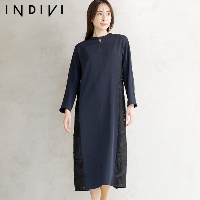 Iラインシルエットのレース切替ワンピース 11号・ブラック｜東京