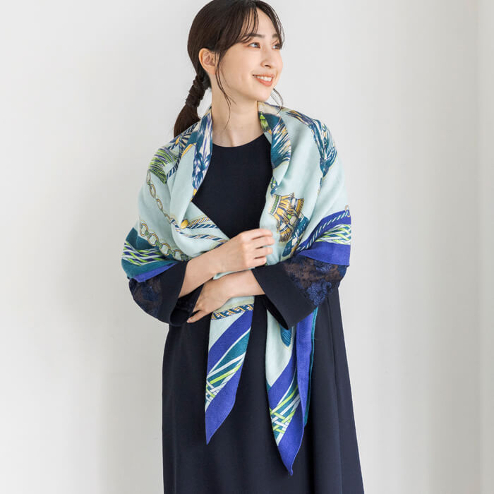 マニプリ｜タッセル柄のウールシルクストール ・ブルー｜東京ソワール