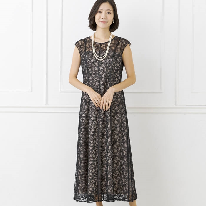 チュール刺繍の大人ワンピース 9号・ブラックBK｜東京ソワール