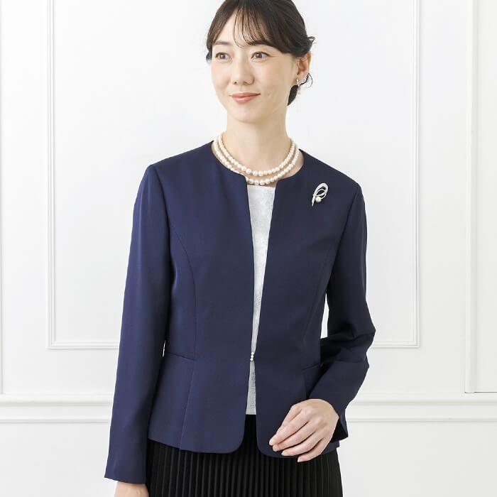 洗える｜ペプラムデザインのシンプルジャケット 9号・ネイビー｜東京