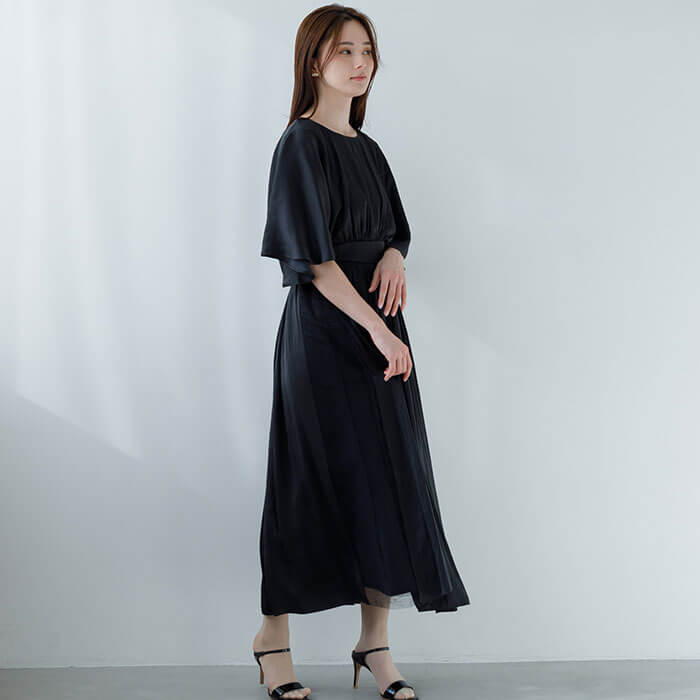 WEB限定｜ケープ風ブラウジングドレス 9号・ブラック｜東京ソワール