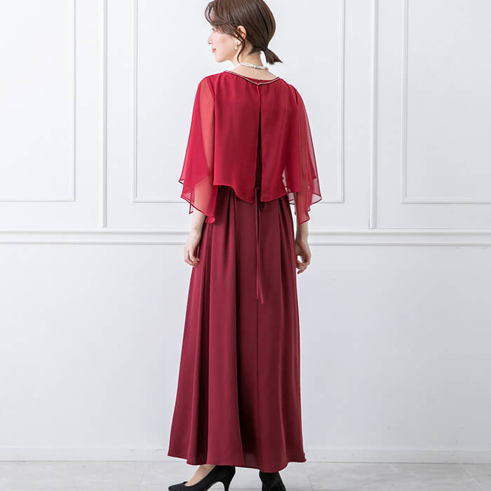 エレガントで美しいケープロングドレス 9号・ワイン｜東京ソワール