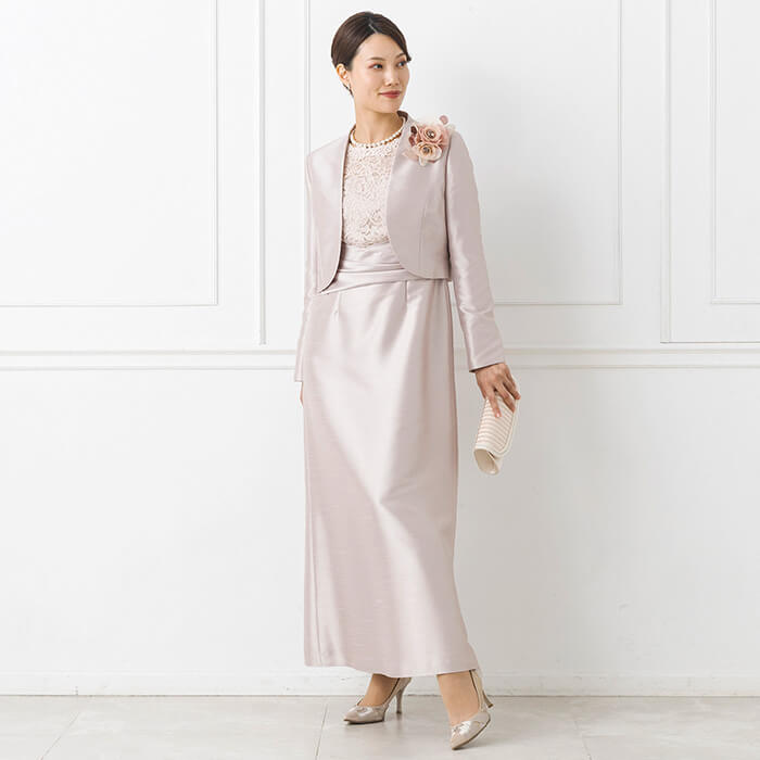 ラッセルレース×シャンタンのロングドレス 13号・ピンクベージュ