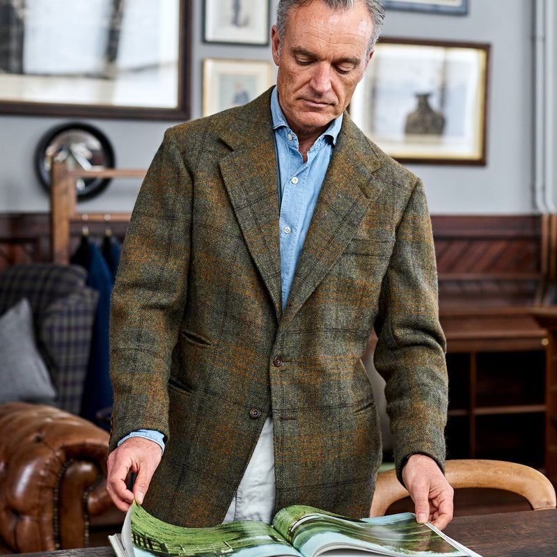 TD64 : Moss Green Tweed with Brown and Amber Windowpane Deco – Fox