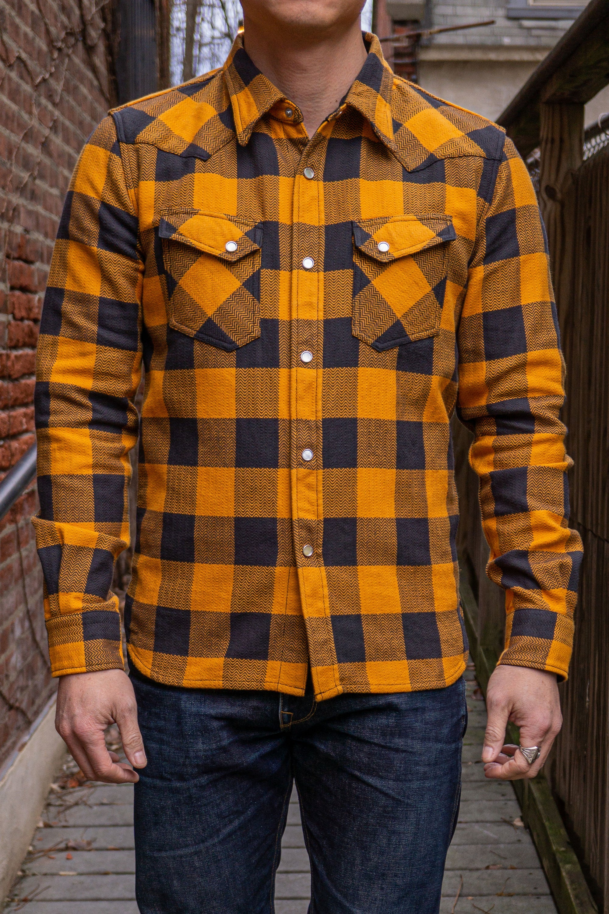 The Flat Head SNW-101L Block Check Western Flannel Shirt - Orange