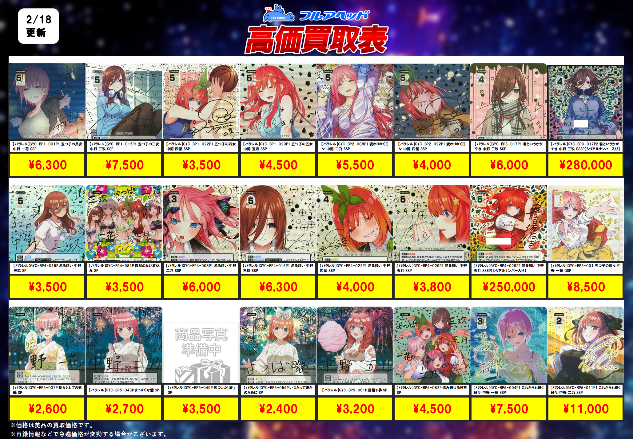 五等分の花嫁 カードゲーム – 【フルアヘッド】高価買取表