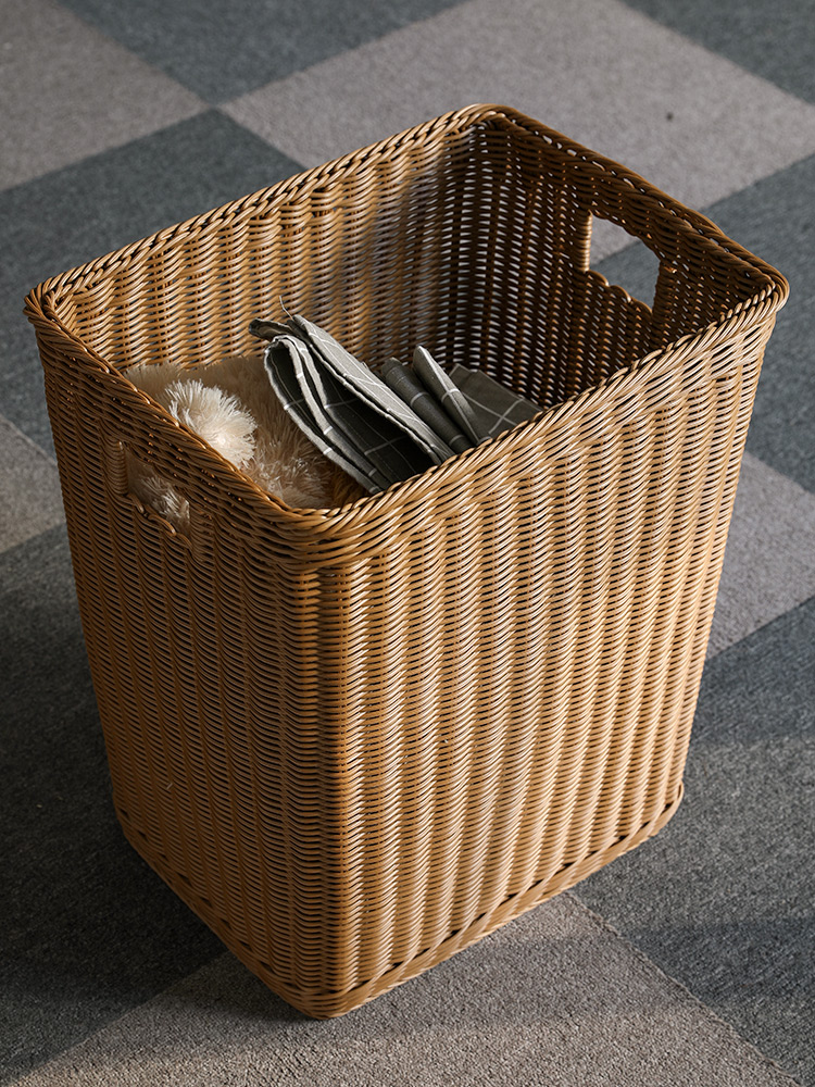 ランドリーバスケット 編み込み風格子柄ラタン調バスケット ラタン