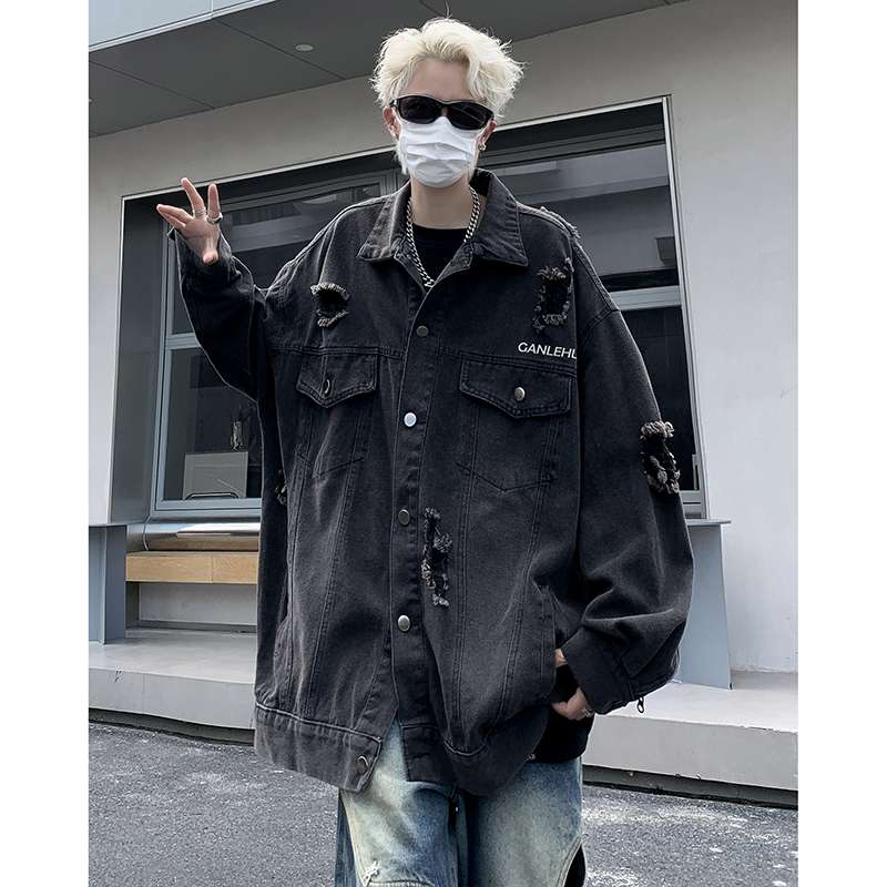 黒コーデ ダメージ加工オーバーサイズデニムジャケット その他|黒