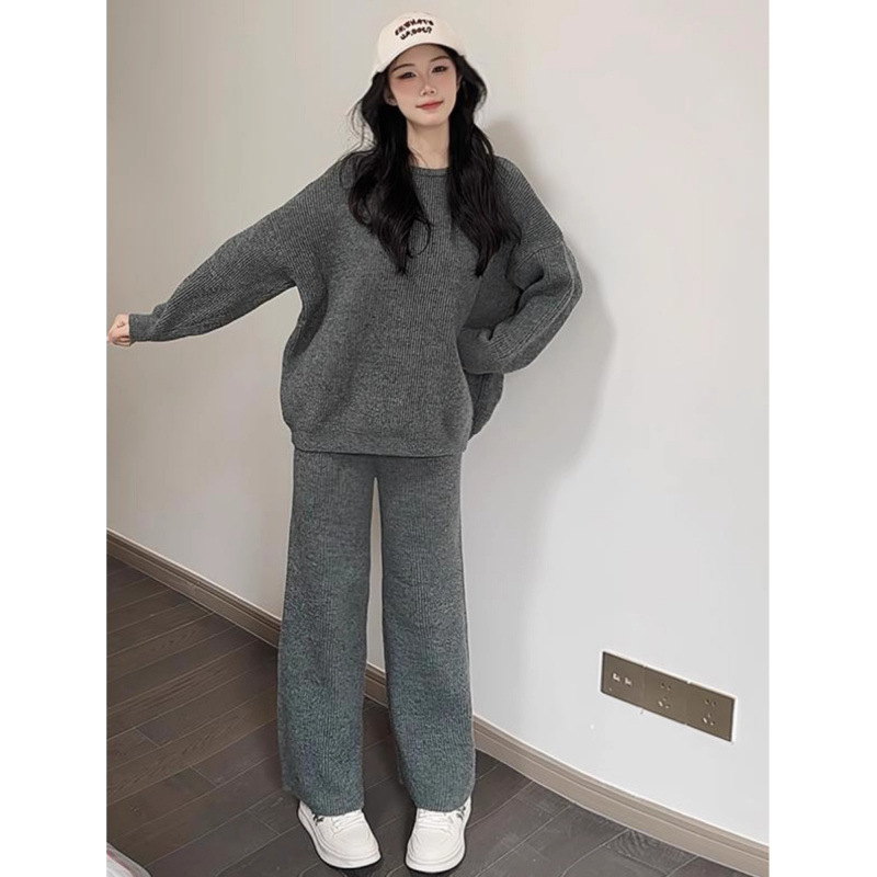 スウェット セットアップ ゆったりリブニット上下セット グレー
